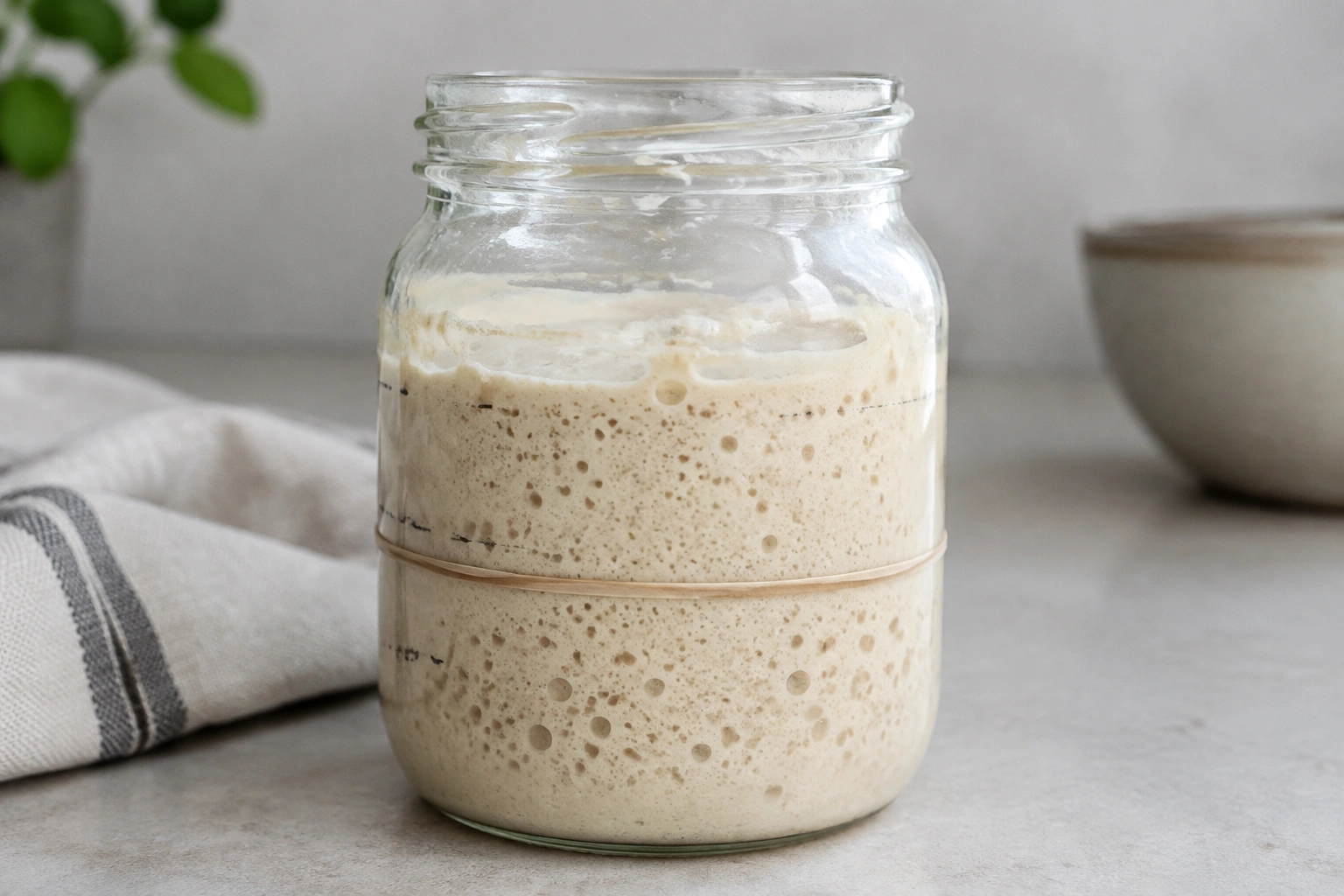 Bubbling sourdough starter in a glass jar