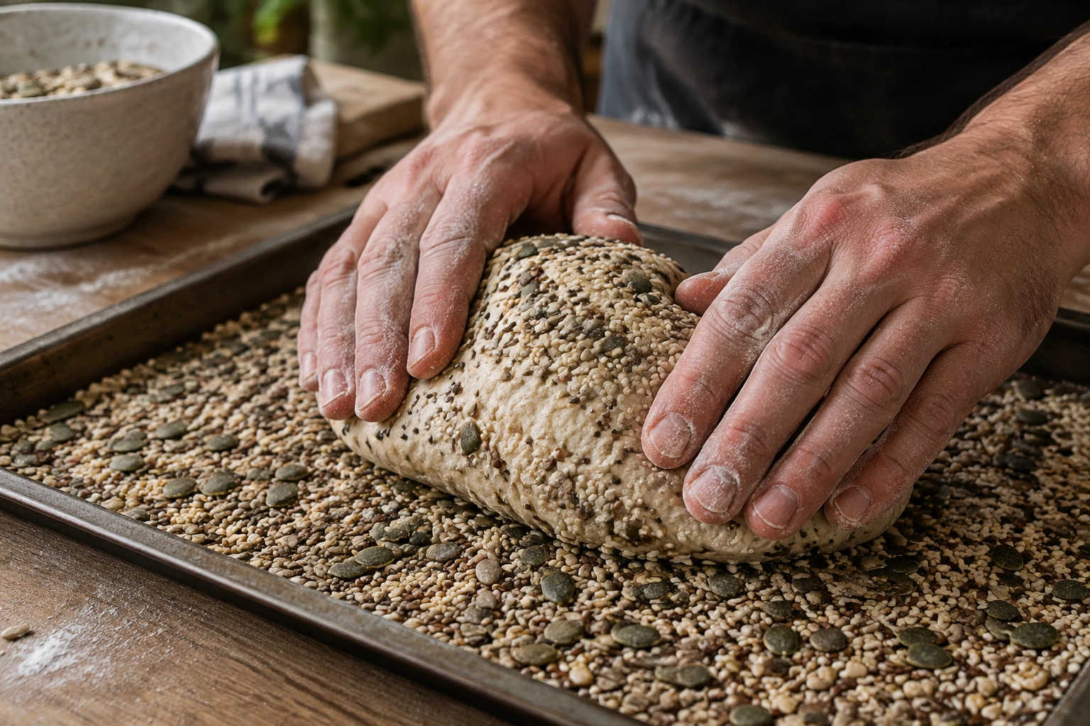Hands pressing a shaped bread loaf into a tray of seeds before baking