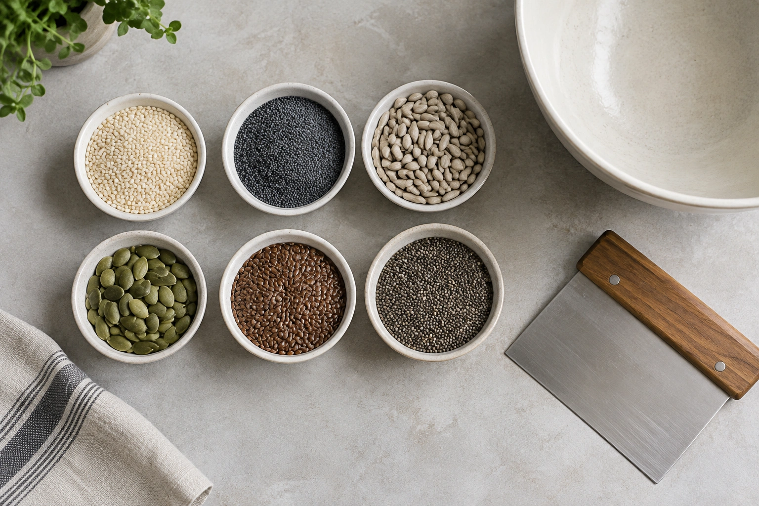 Assorted bread seeds in small bowls beside a dough scraper and mixing bowl