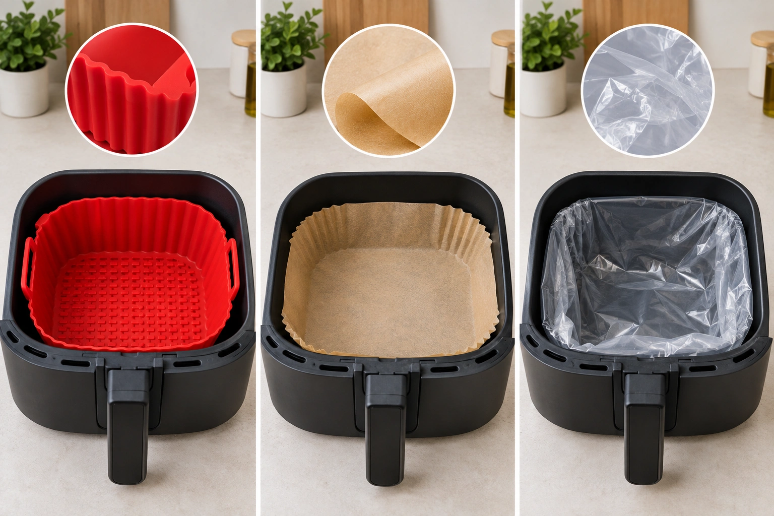 Comparison of silicone, parchment, and plastic air fryer accessories