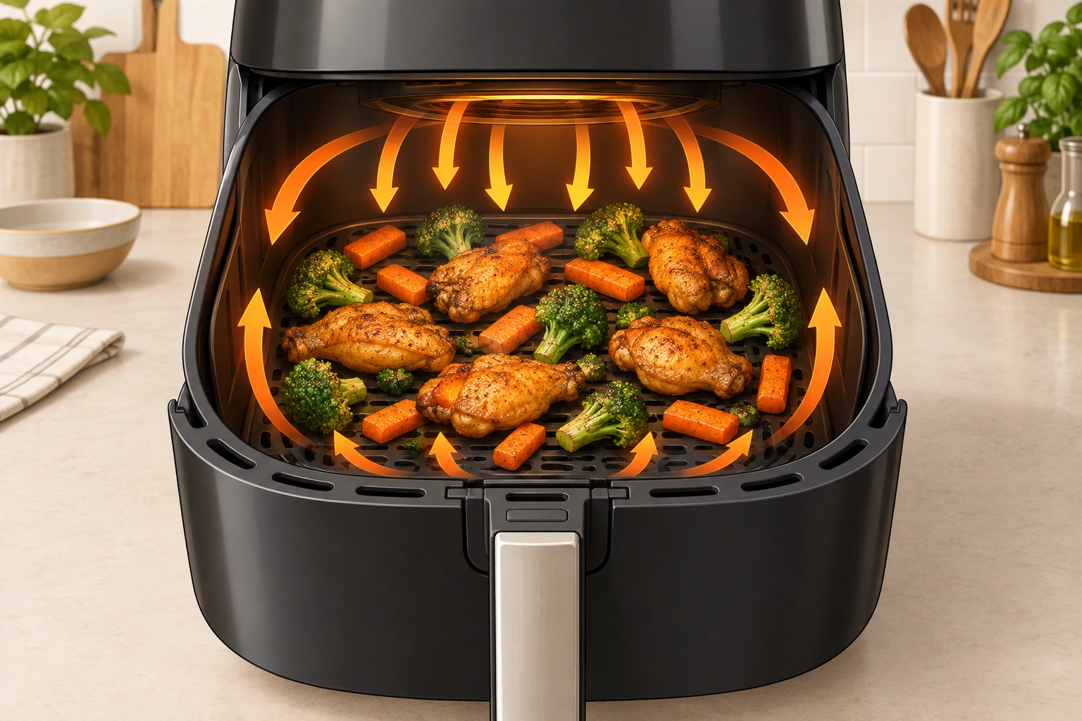 Air fryer basket with food arranged to show airflow space