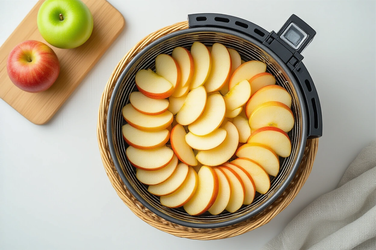 Thin apple slices in a single layer ready for the air fryer