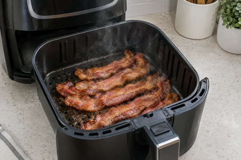 Air fryer basket with bacon causing smoke from rendered grease