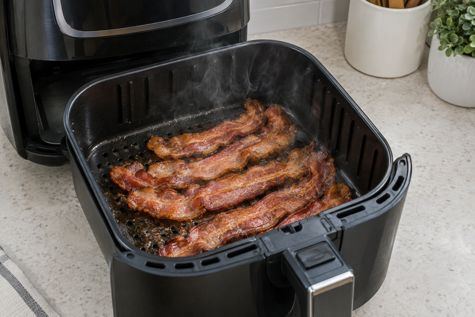 Air fryer basket with bacon causing smoke from rendered grease