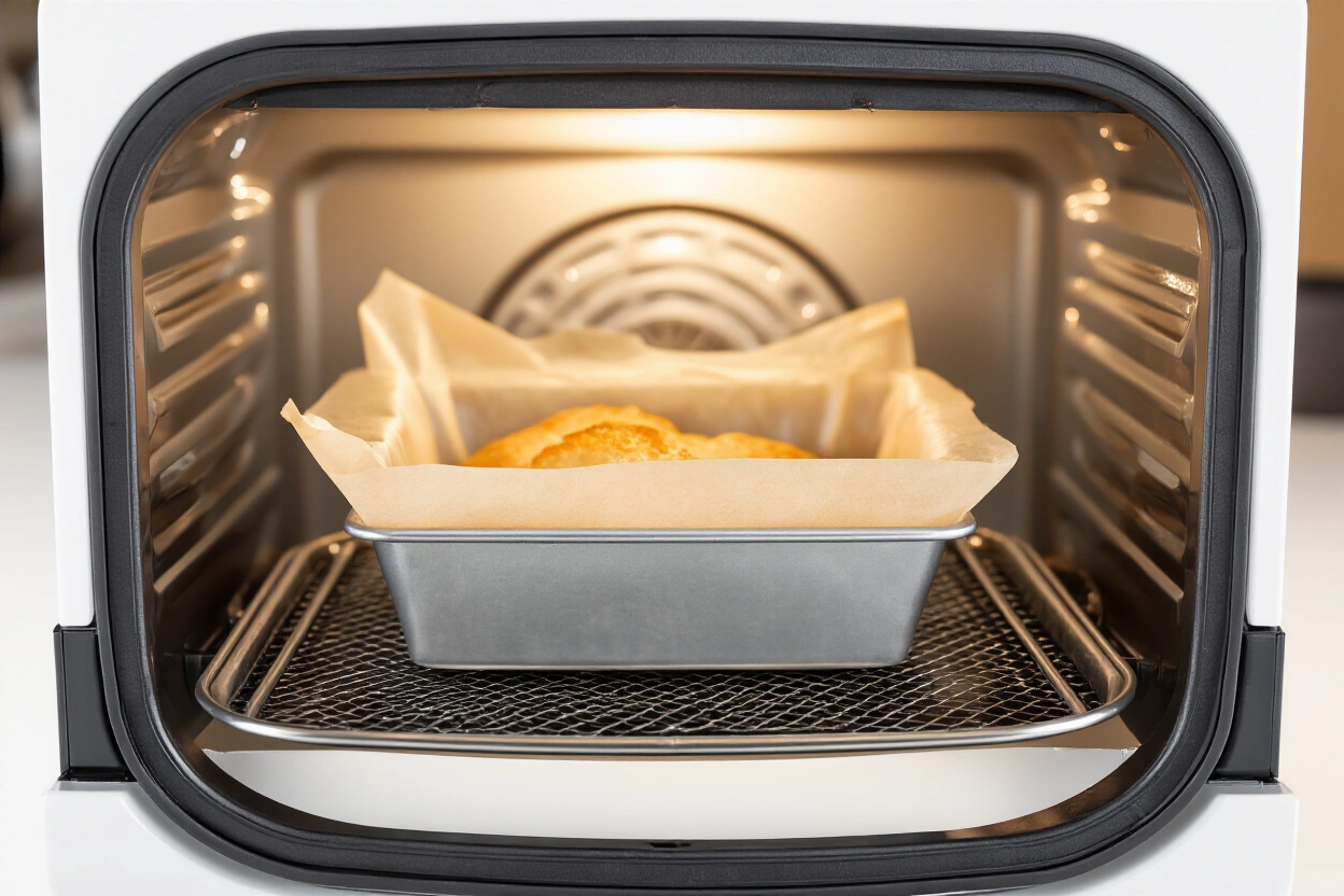 Small baking pan and parchment prepared for air fryer use