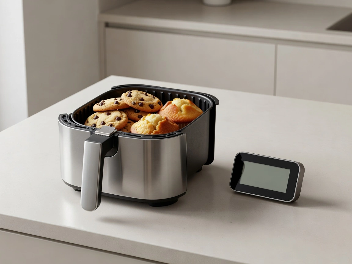 Air fryer basket with baked goods and a kitchen timer
