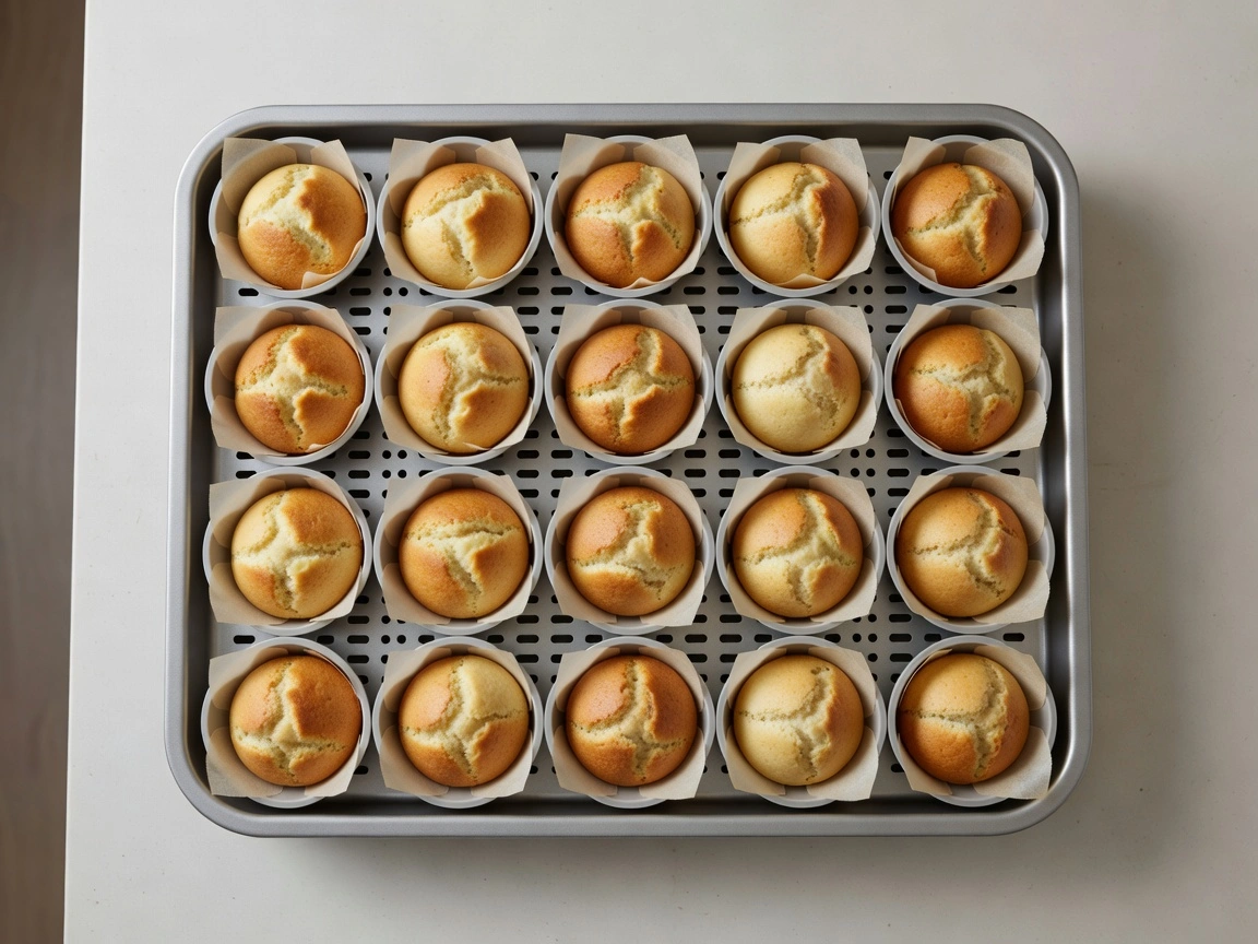 Air fryer tray with parchment and muffins arranged for baking