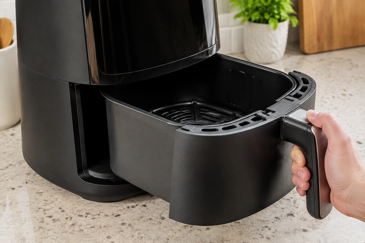 Air fryer basket being inserted into the drawer correctly