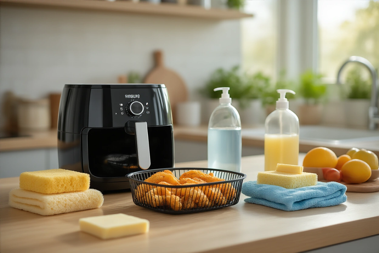 Air fryer basket with soft sponge, microfiber cloth, and dish soap on a counter
