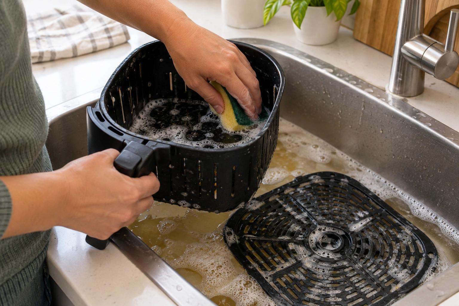 Hands cleaning an air fryer basket and tray at a sink