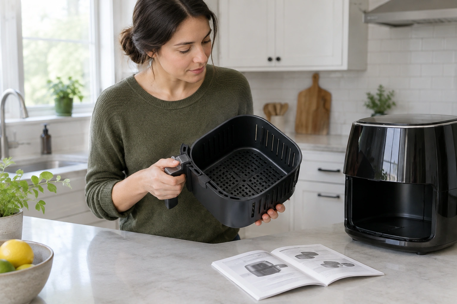 Clean air fryer basket being checked for dishwasher safety