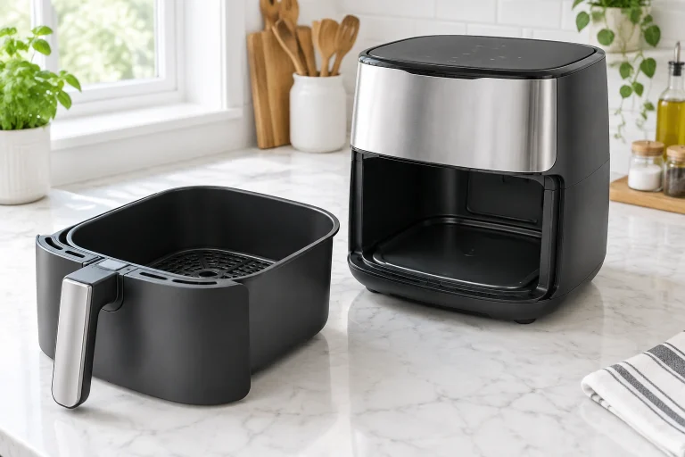 Air fryer basket and drawer removed for cleaning