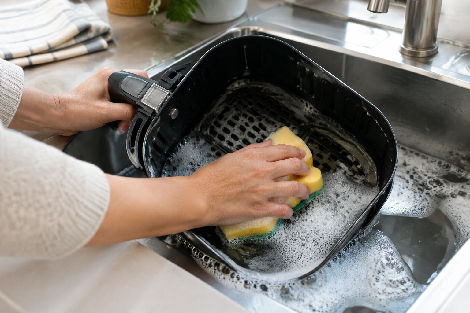 Hand washing an air fryer basket with a soft sponge