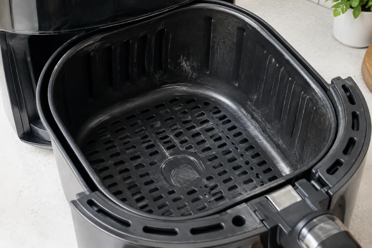 Close-up of an air fryer basket with light scratches on the nonstick coating