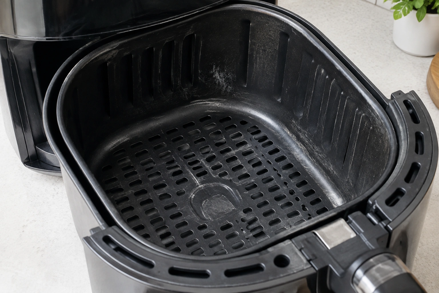 Close-up of an air fryer basket with light scratches on the nonstick coating