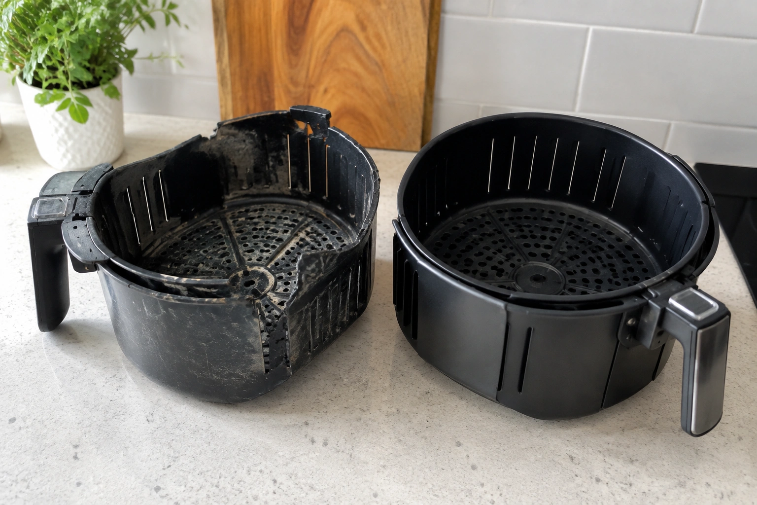 Damaged air fryer basket next to a replacement basket