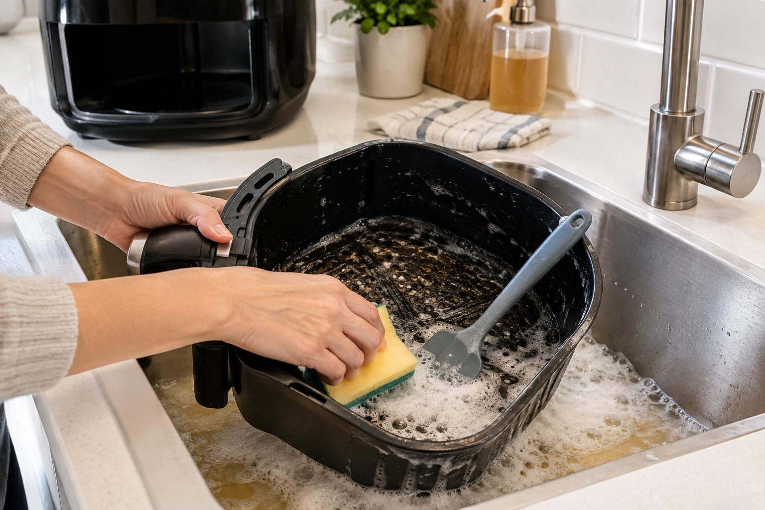 Silicone spatula, soft sponge, and warm soapy water beside an air fryer basket