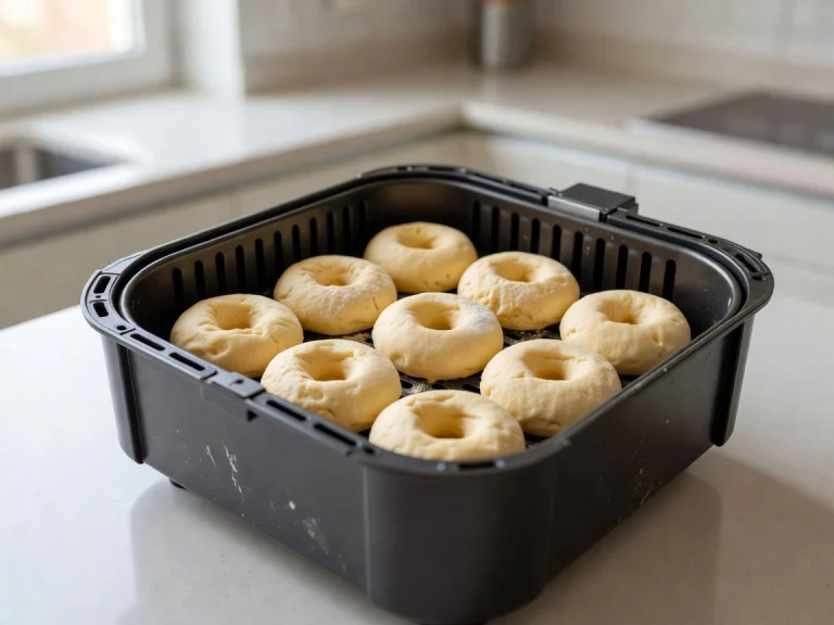 Golden biscuit dough donuts arranged in an air fryer basket