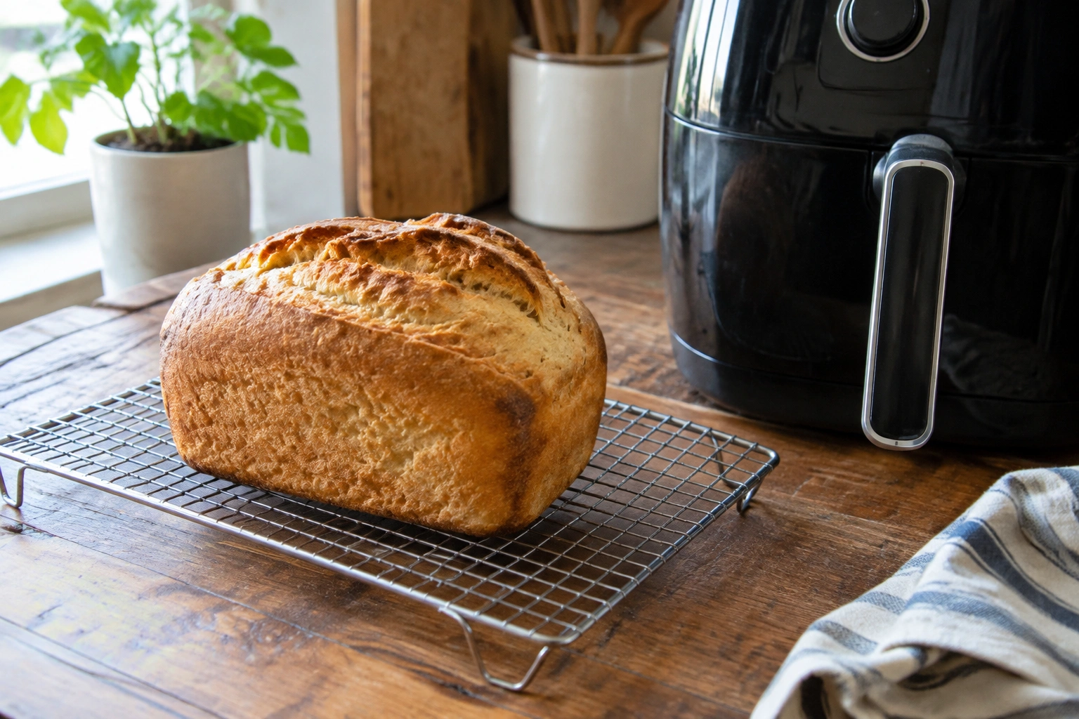 Golden brown bread loaf cooling on a rack after being baked in an air fryer