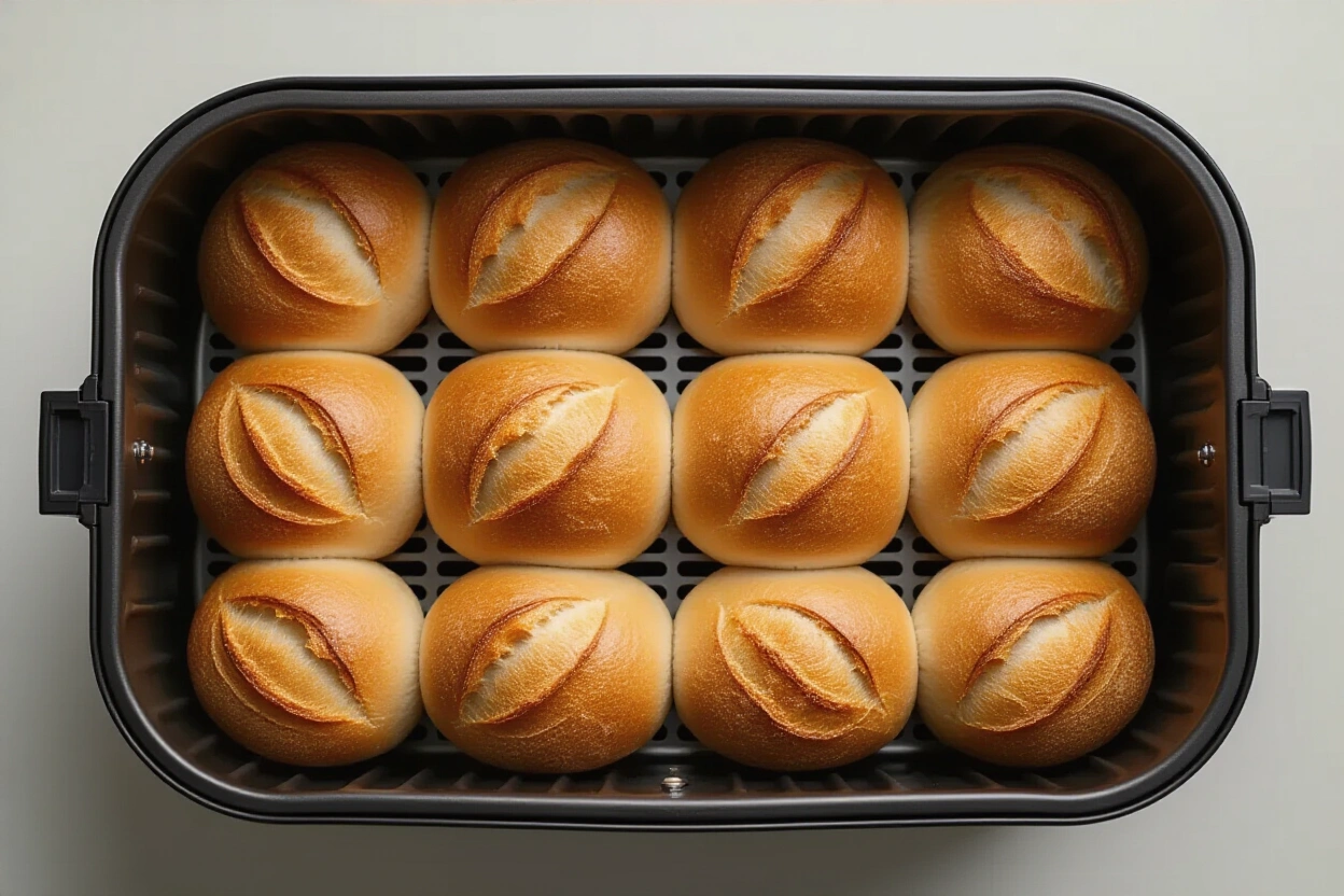 Bread rolls arranged in an air fryer basket with space between them