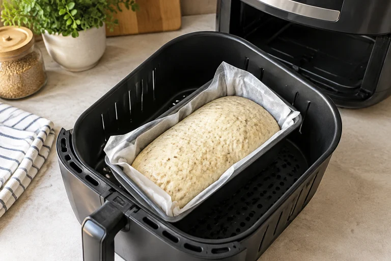 Small loaf pan with parchment prepared for baking bread in an air fryer