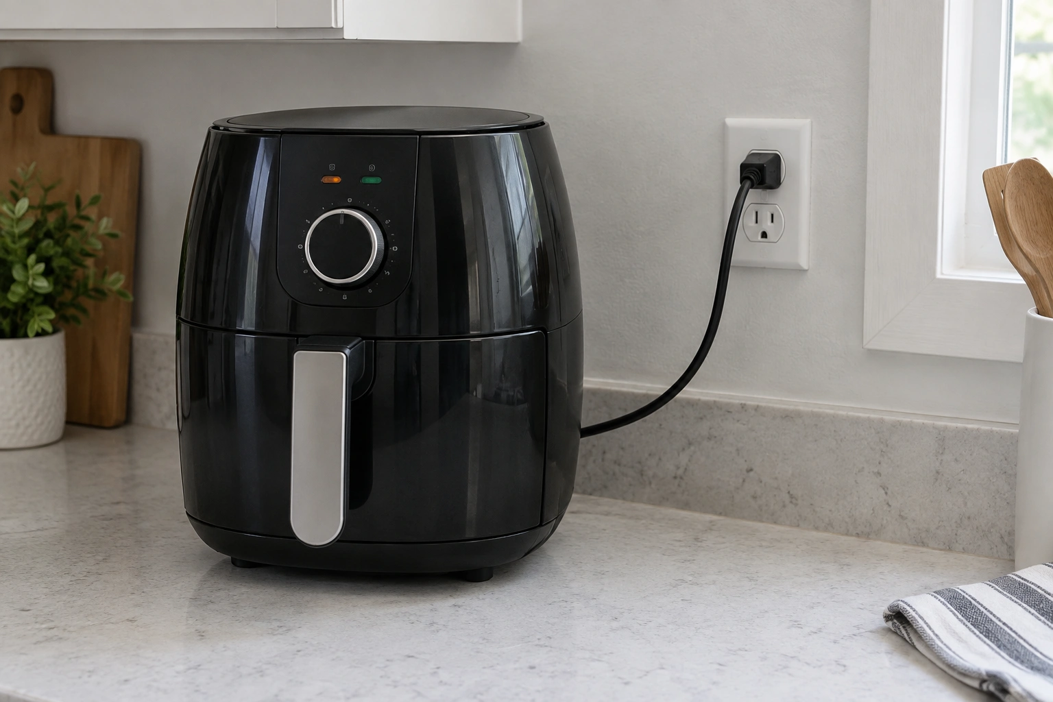Air fryer plugged into a kitchen outlet