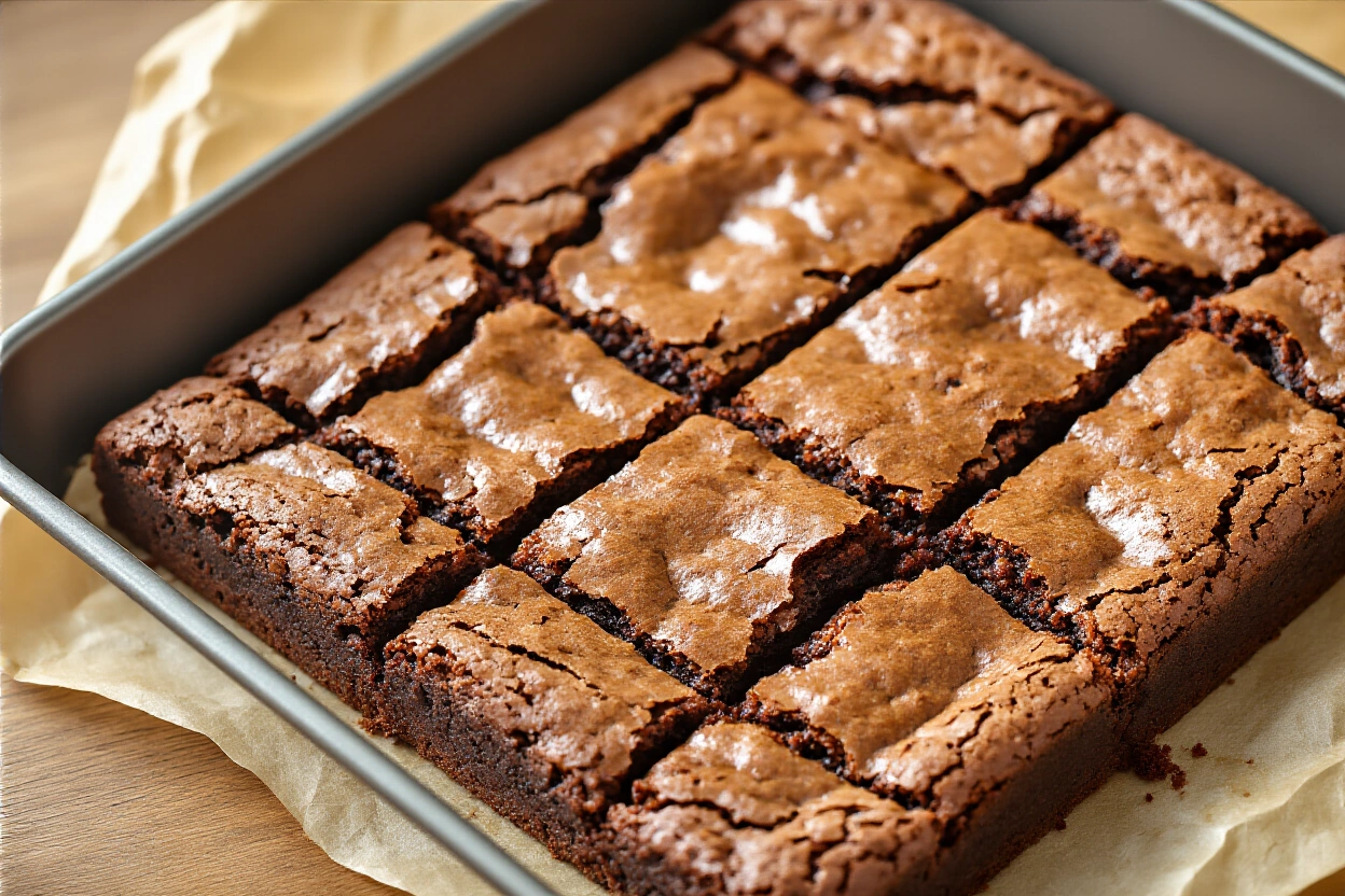 Tray of air fryer brownies with crackled top and moist crumb texture