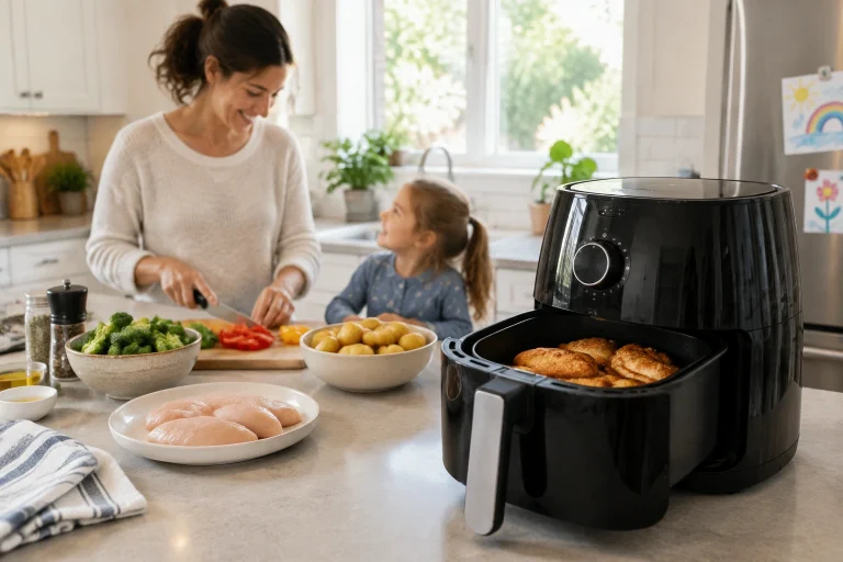 Air fryer on a kitchen counter ready for a family meal