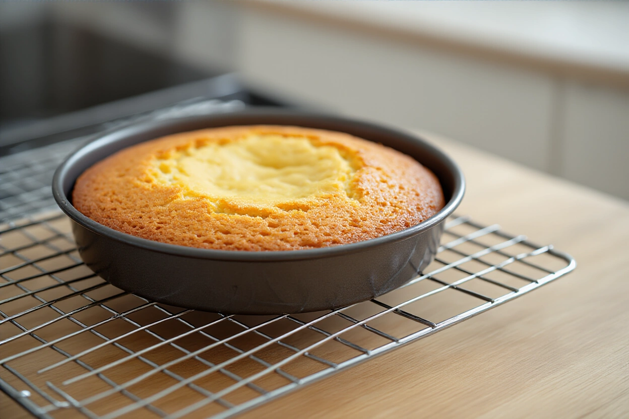 Small cake cooling in its pan on a rack