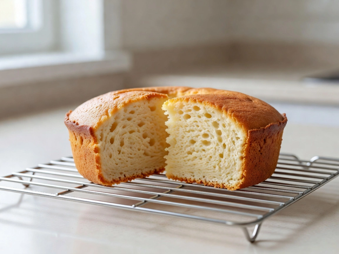 Sliced air fryer cake with a tender crumb on a cooling rack