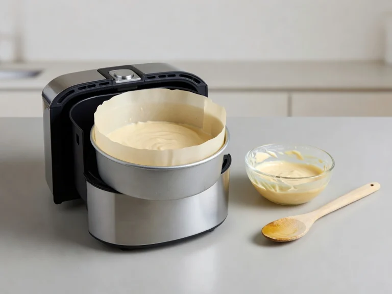 Air fryer basket with a small round metal cake pan