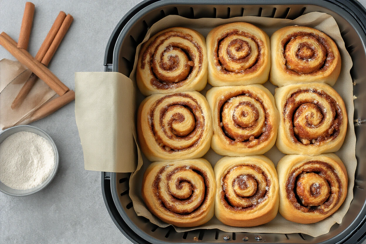 Cinnamon rolls spaced in an air fryer basket