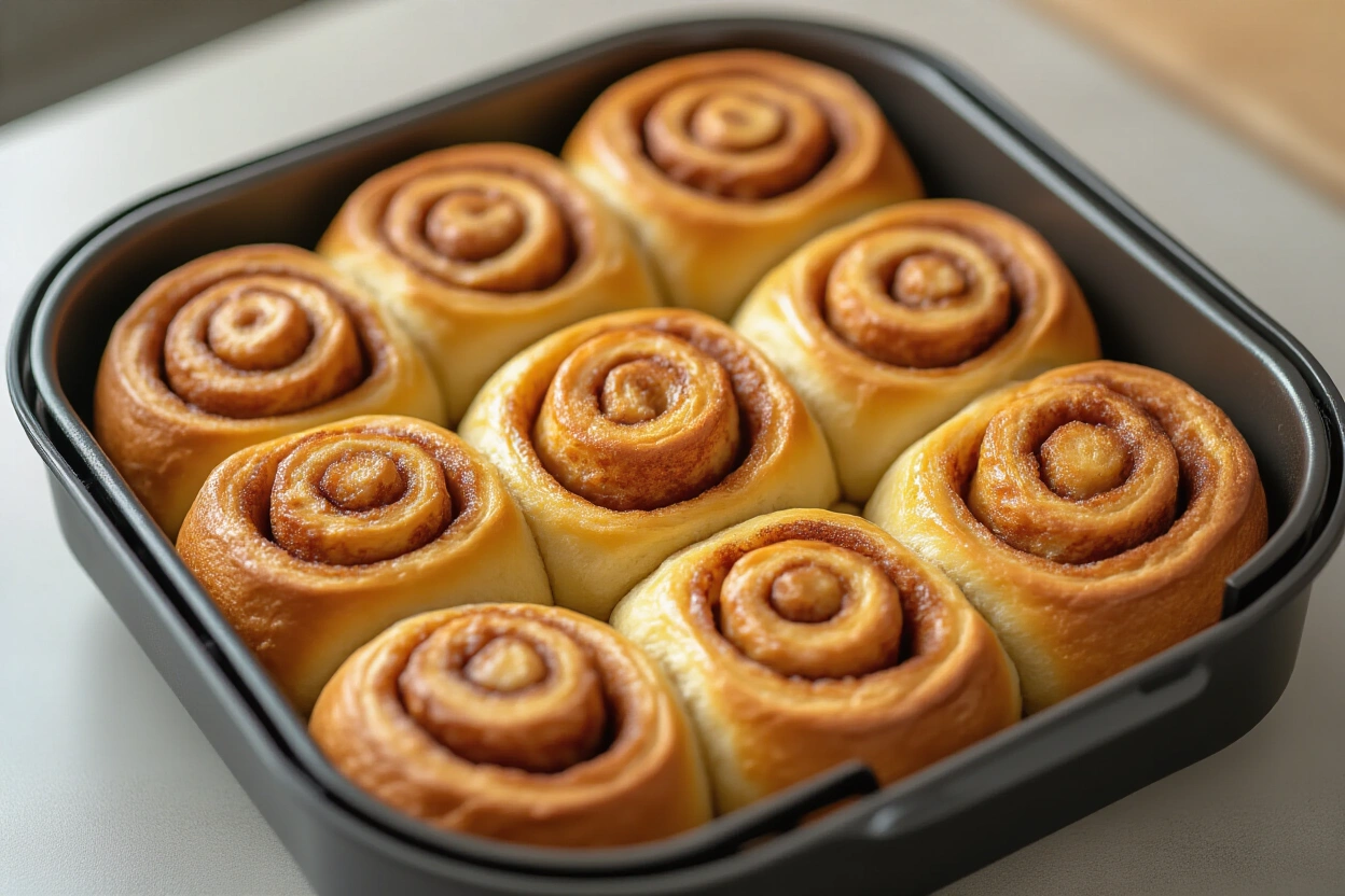 Golden cinnamon rolls in an air fryer basket
