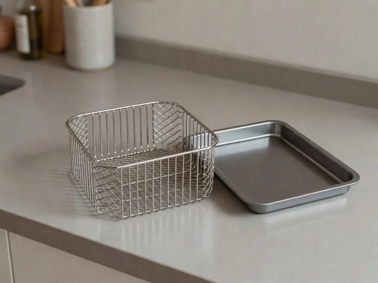 Clean air fryer basket with removable tray on a countertop