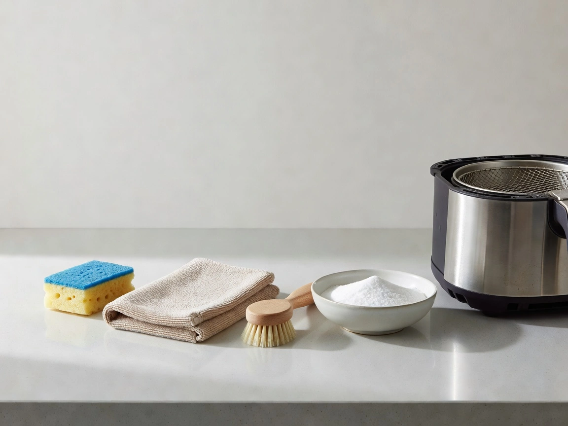 Soft brush, sponge, and baking soda beside an air fryer basket