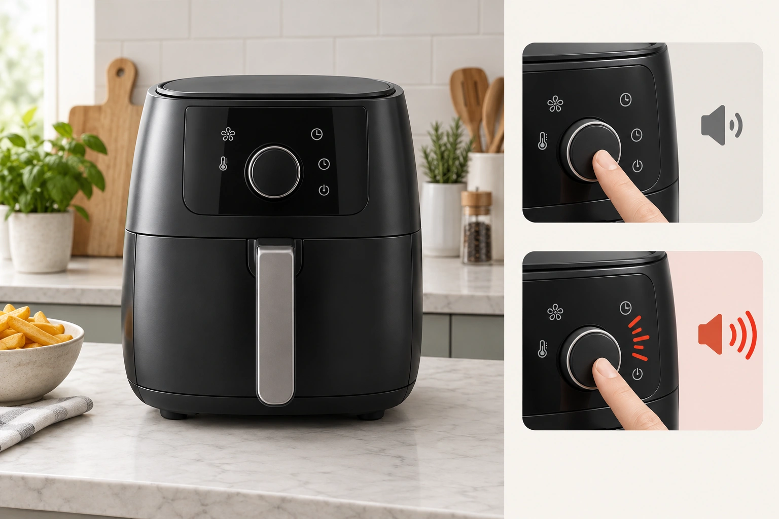 Comparison chart showing normal and problematic air fryer clicking sounds