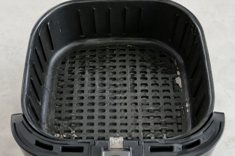 Air fryer basket with visible coating wear