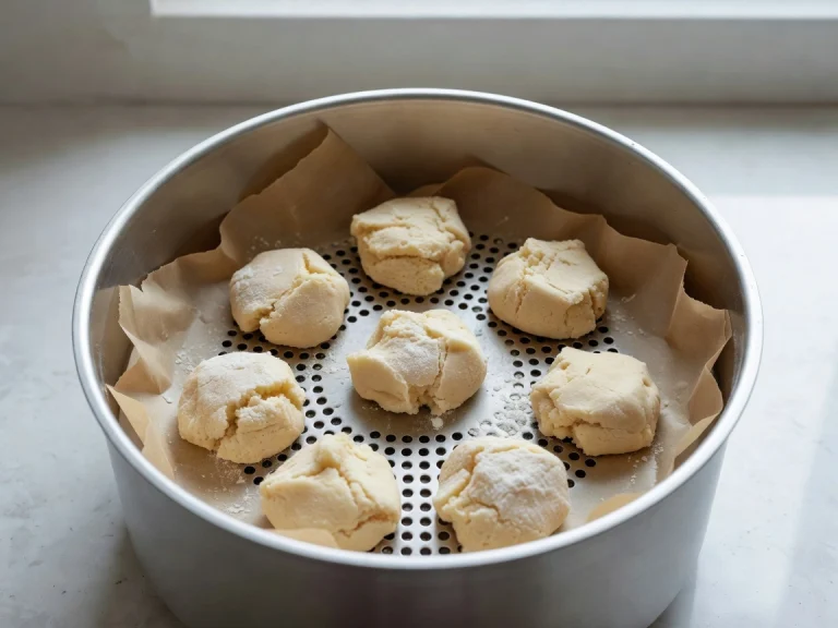 Air fryer basket with cookie dough spaced apart on parchment
