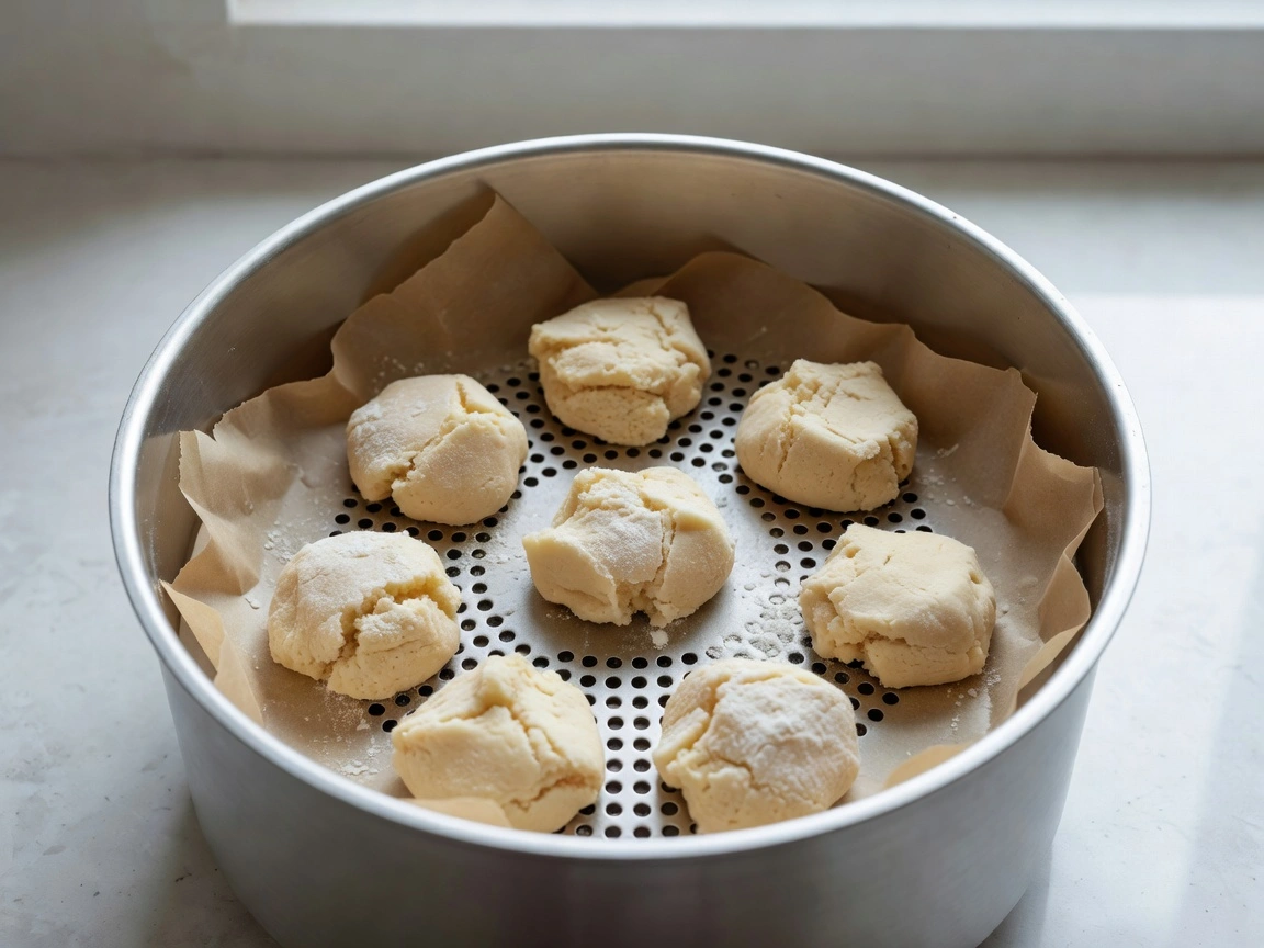Air fryer basket with cookie dough spaced apart on parchment