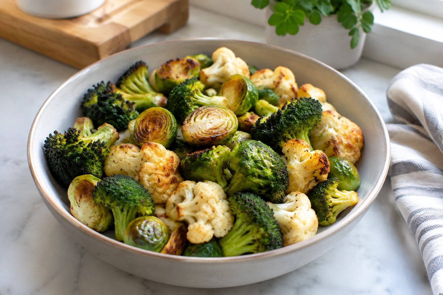 Bowl of air fryer vegetables with browned crispy edges
