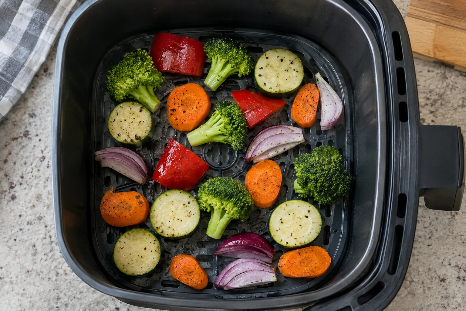 Air fryer basket with vegetables arranged in a single layer