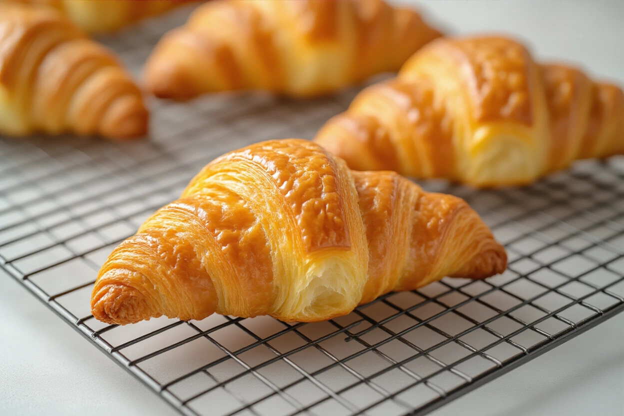 Golden brown croissants finished in an air fryer on a cooling rack