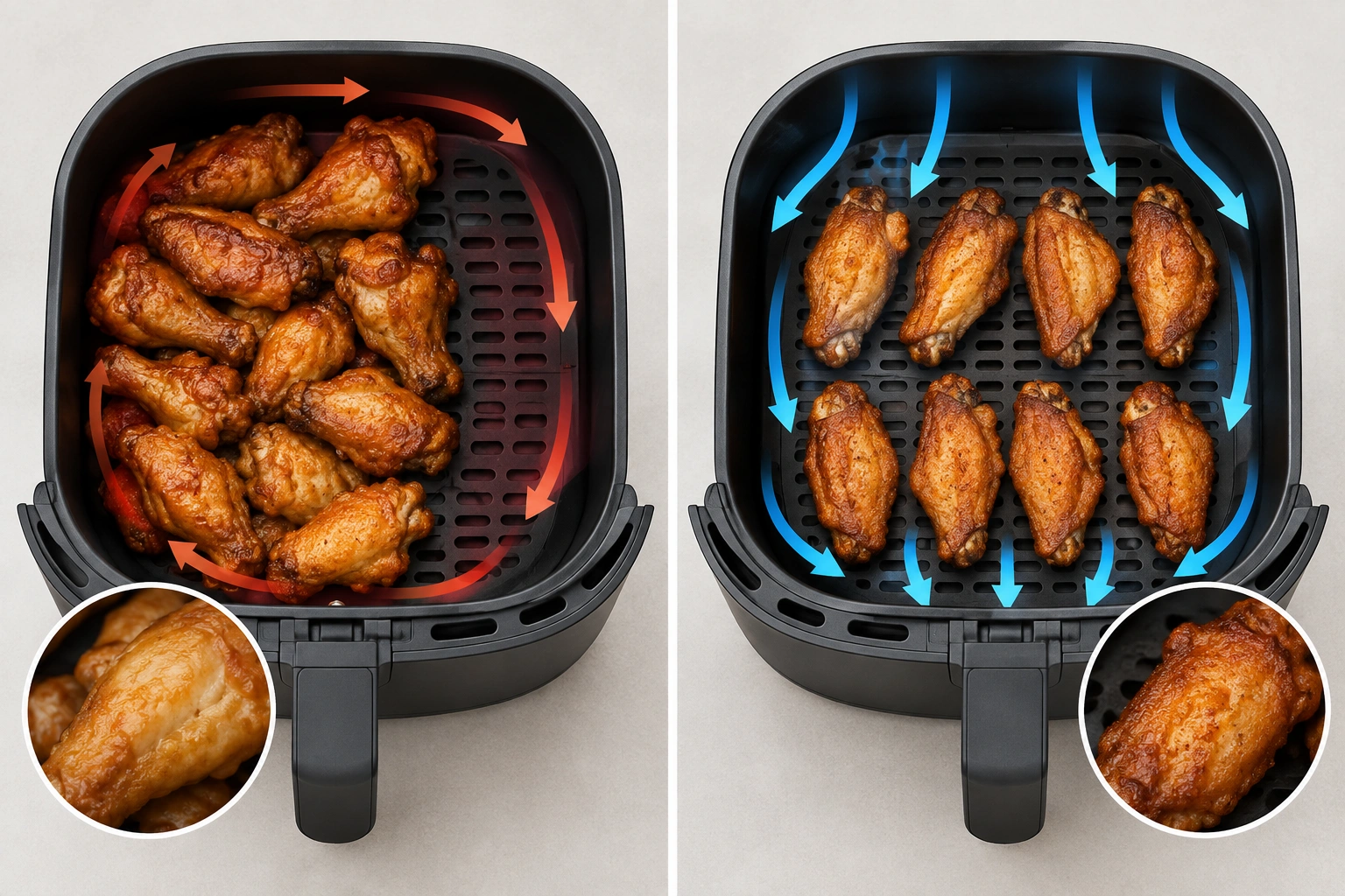 Air fryer basket with crowded food causing soggy results