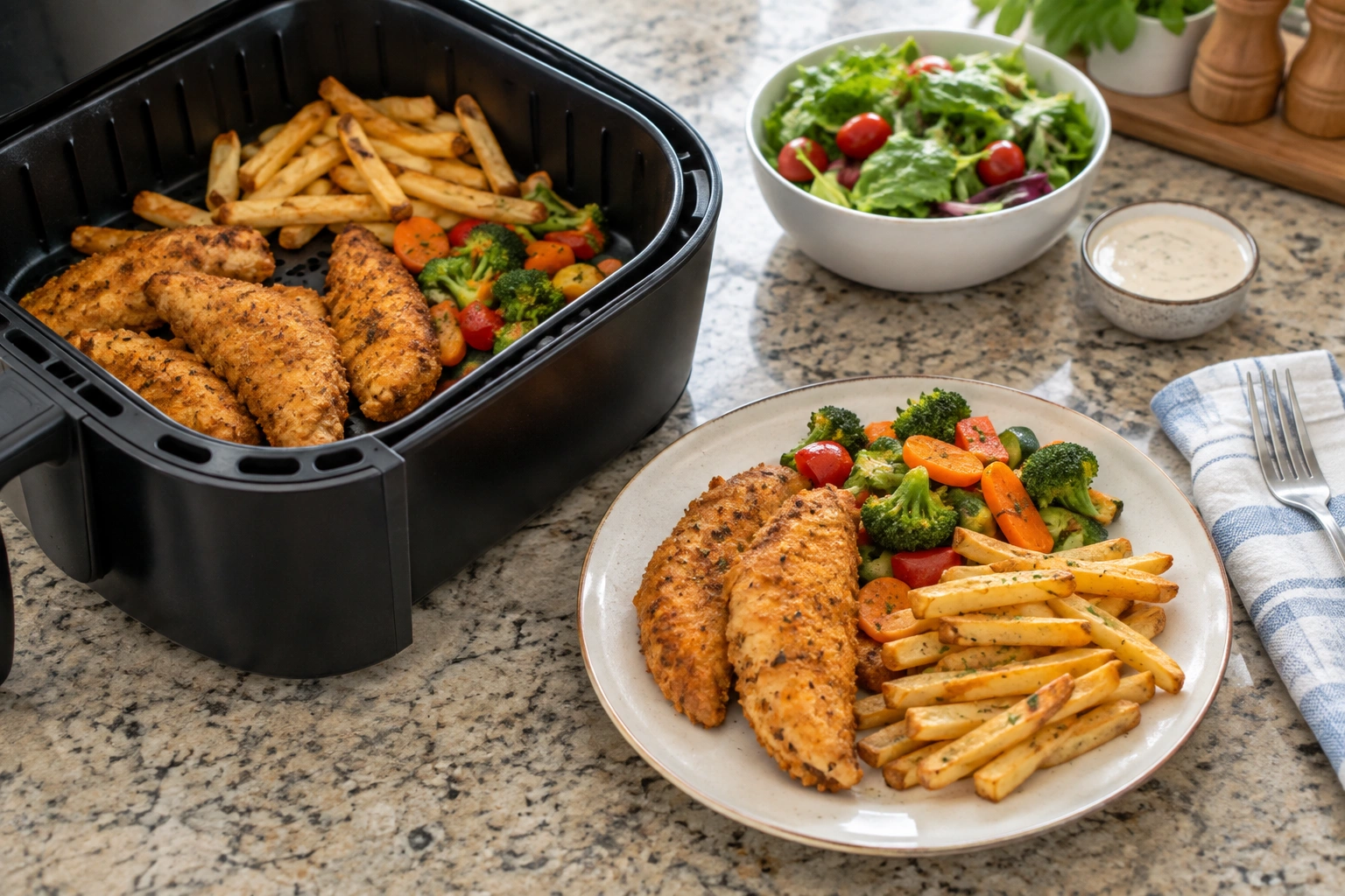 Family-friendly air fryer meal with chicken and vegetables