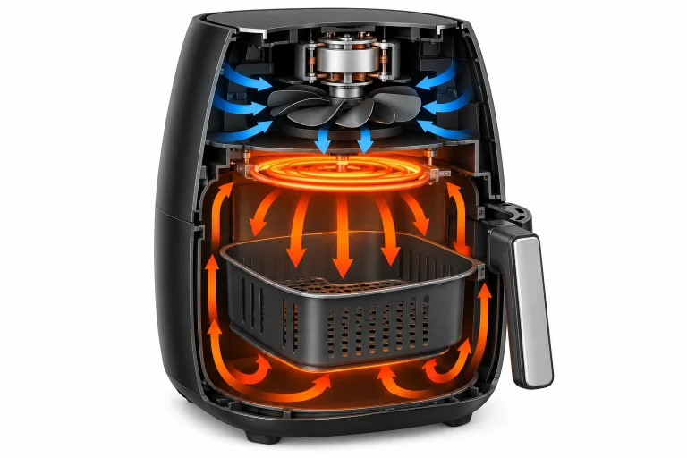 Diagram showing an air fryer fan, heating element, and airflow path