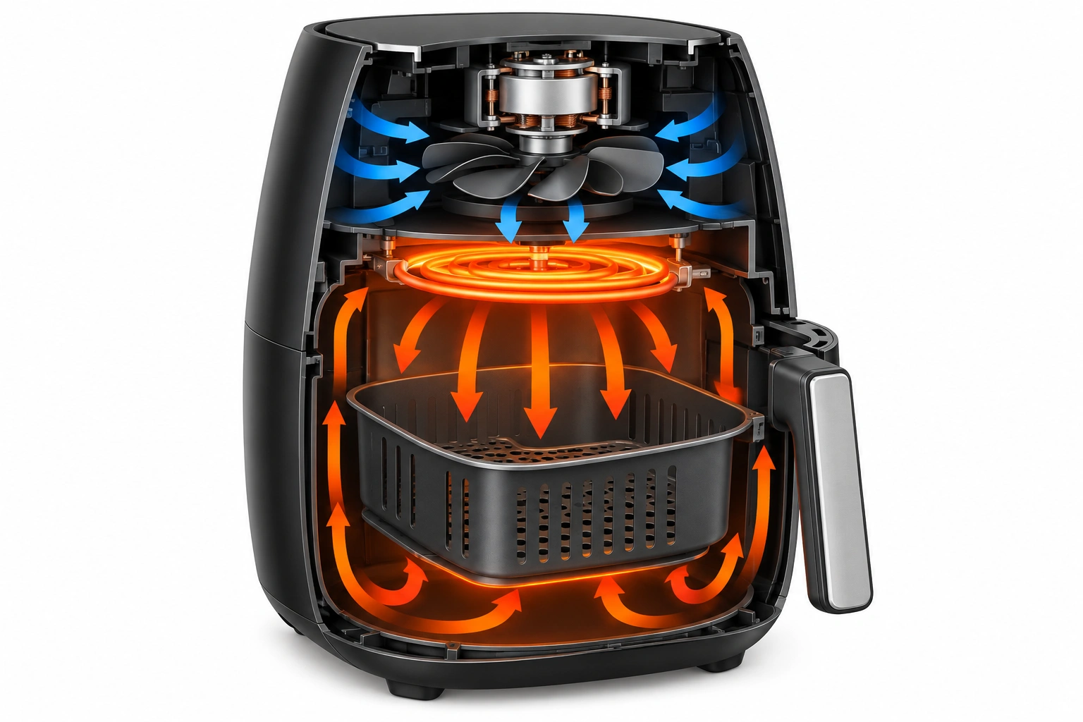 Diagram showing an air fryer fan, heating element, and airflow path