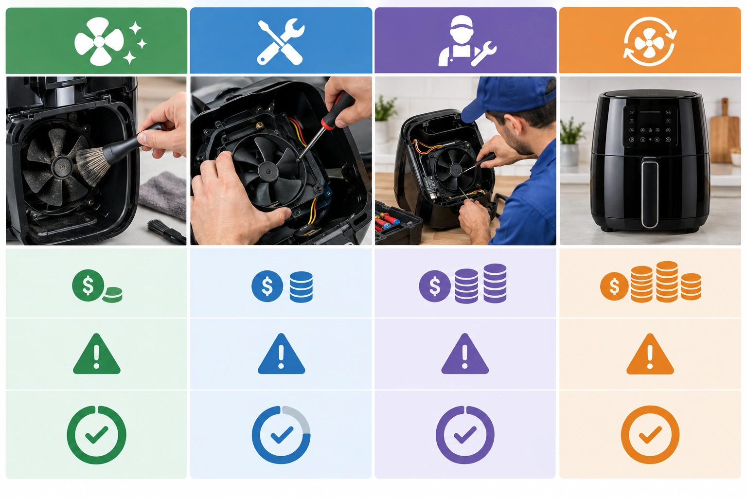 Comparison table graphic for air fryer fan repair versus replacement