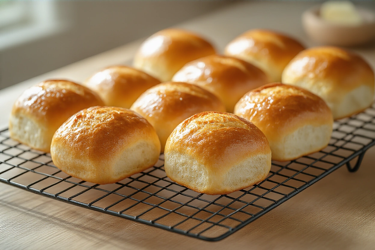 Golden brown bread rolls on a cooling rack after air frying