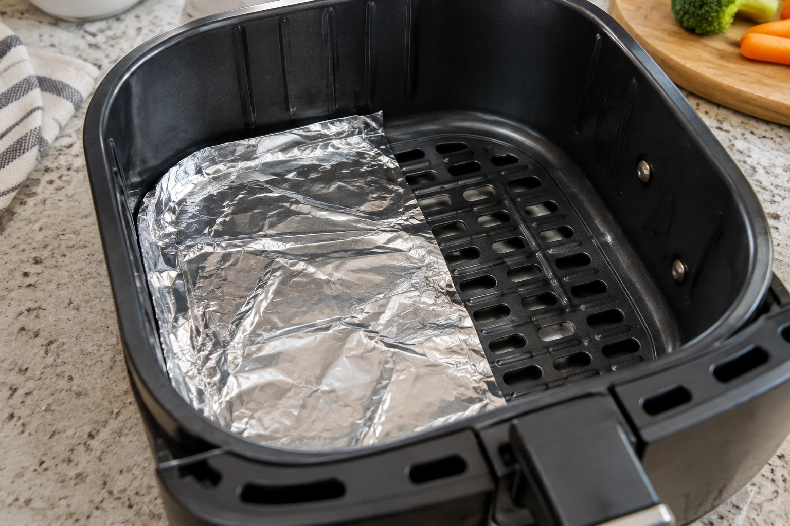 Aluminum foil lining part of an air fryer basket with open spaces around it