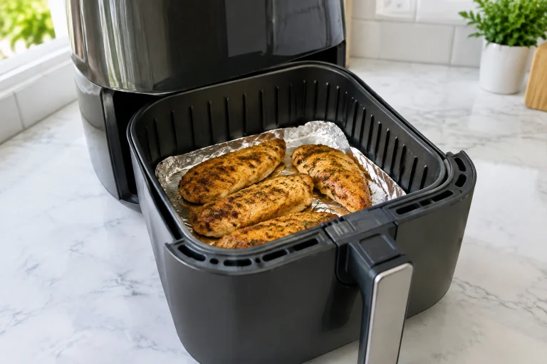 Basket-style air fryer with a small foil-lined section under food